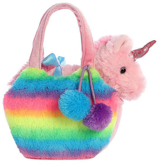 Plush unicorn with a rainbow striped bag on a white background