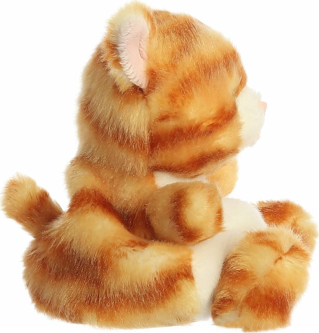 Plush toy cat with orange and white stripes on a white background