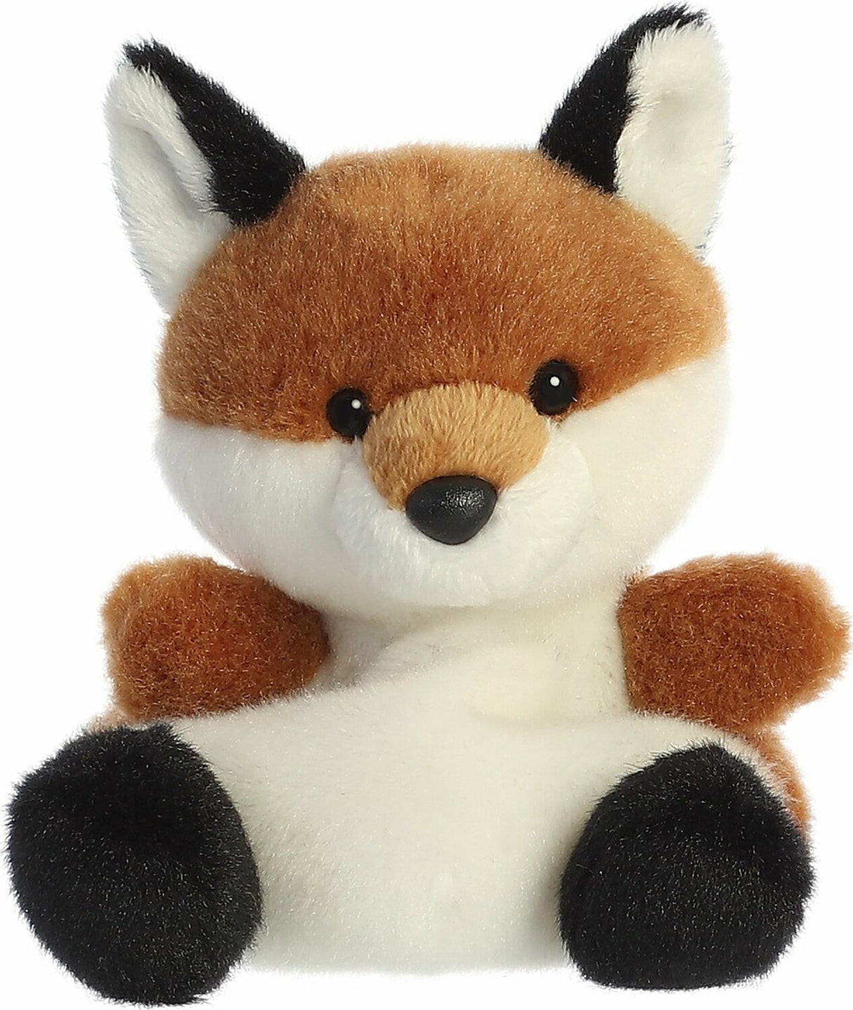 Plush fox toy with brown, white, and black fur on a white background