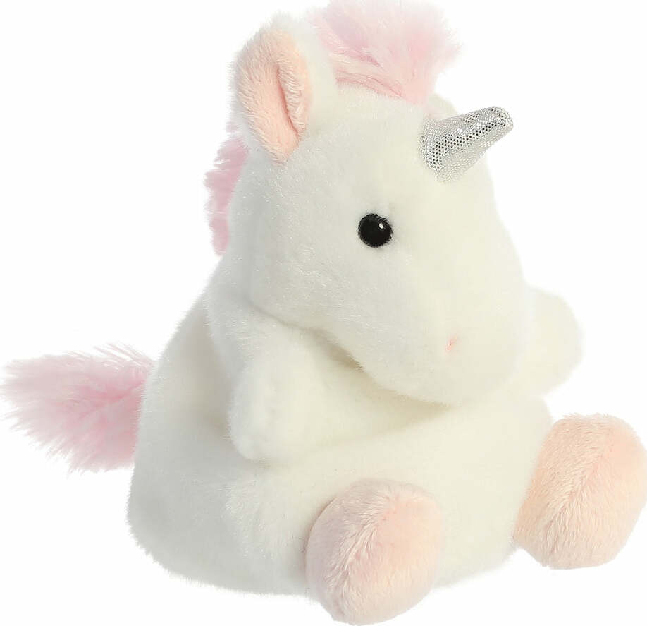 Plush unicorn toy with pink hair and horn on a white background
