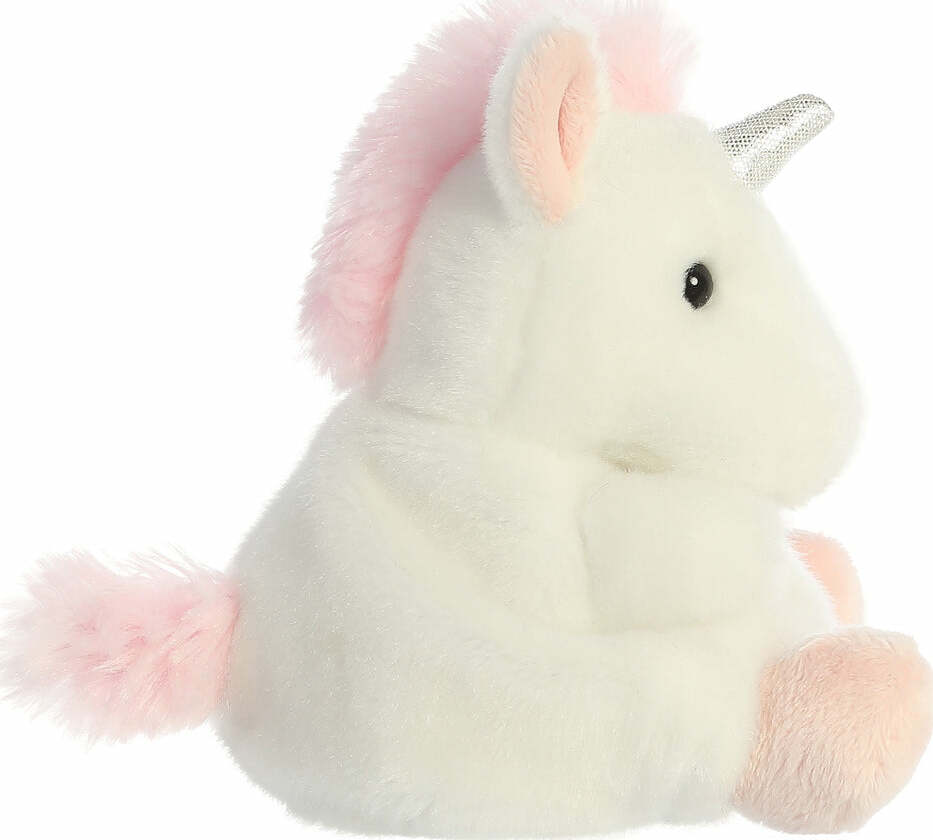 Plush unicorn toy with pink mane and hooves on a white background