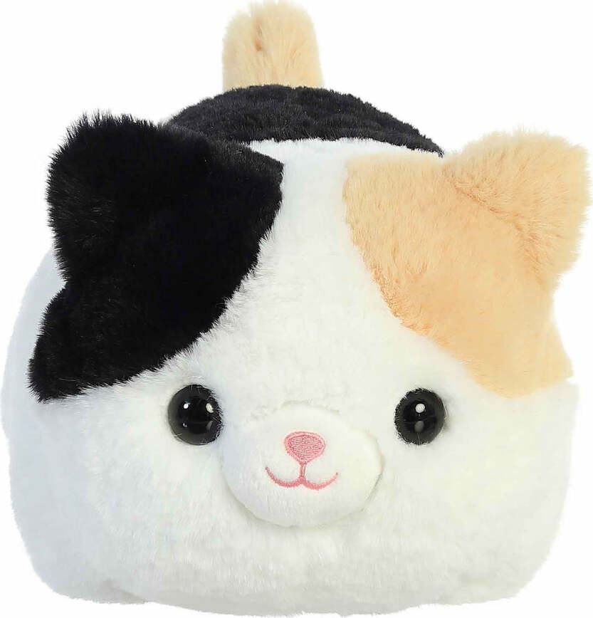Plush cat with black, white, and beige colors on a white background