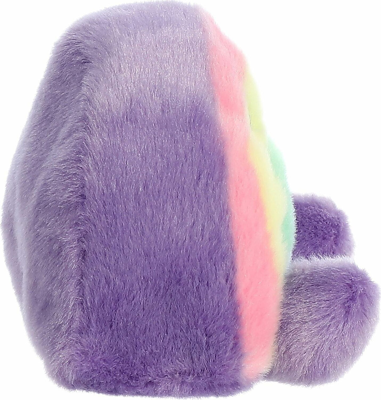 Purple plush toy with rainbow stripe on a white background