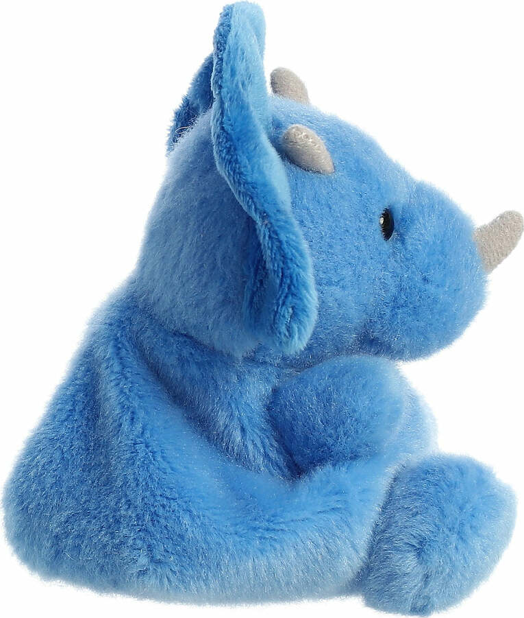 Blue plush triceratops with horns on a white background