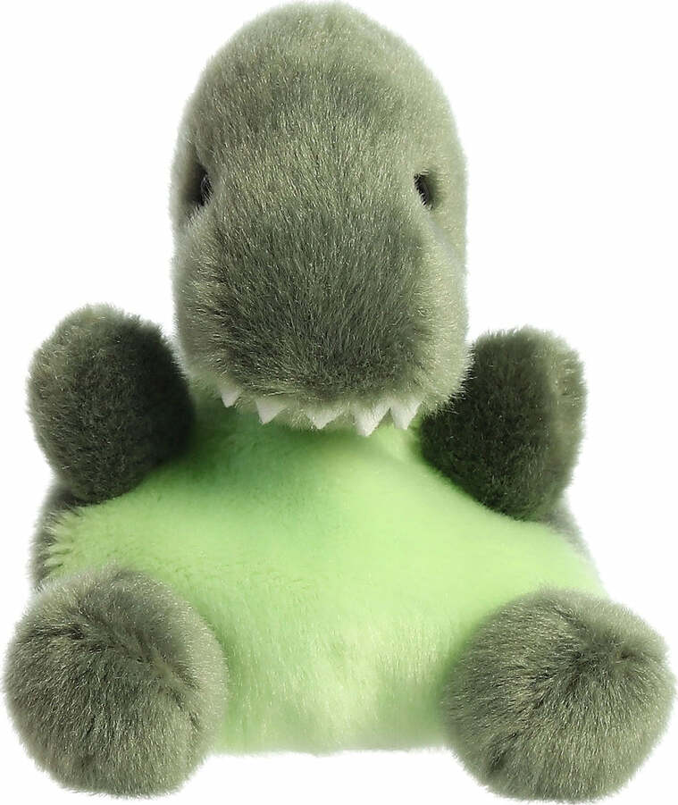 Plush dinosaur toy with green body and gray head on a white background