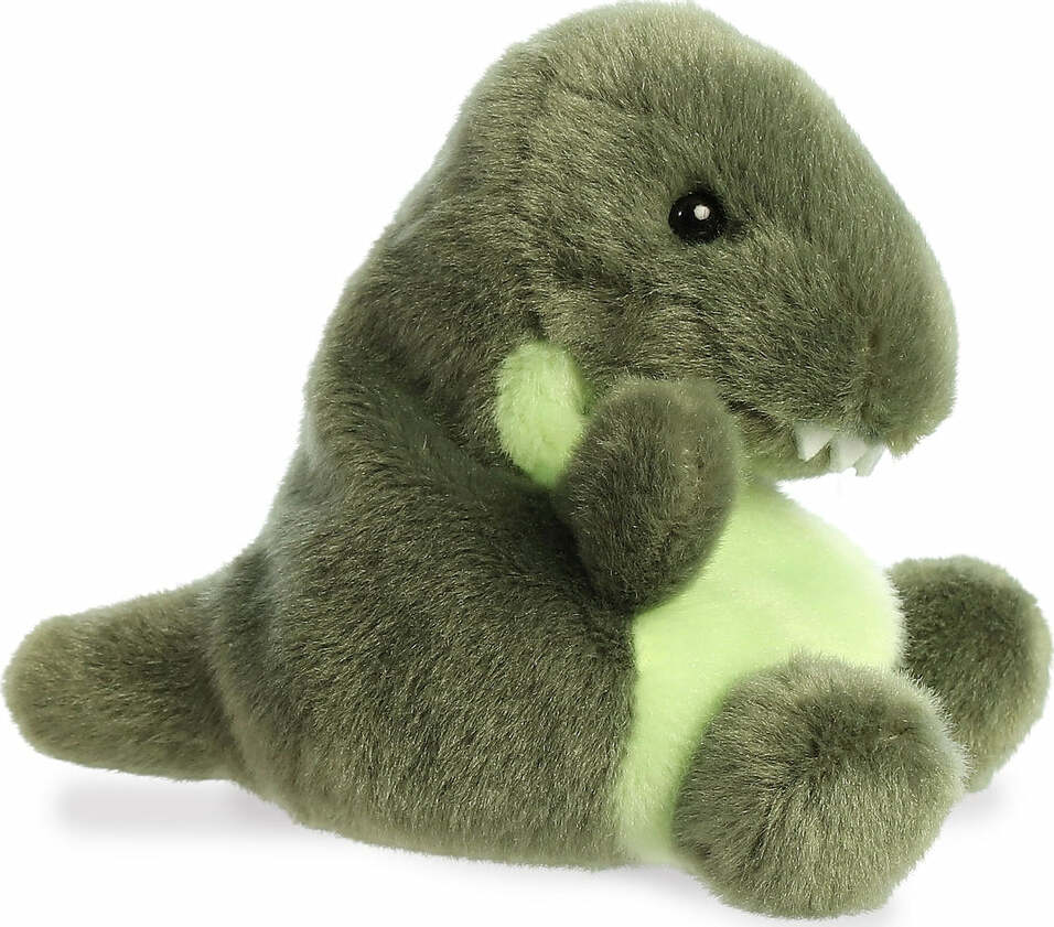 Plush dinosaur toy with green belly on a white background