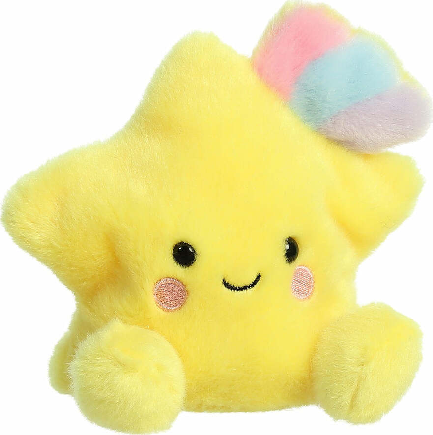 Yellow plush star toy with a rainbow on a white background