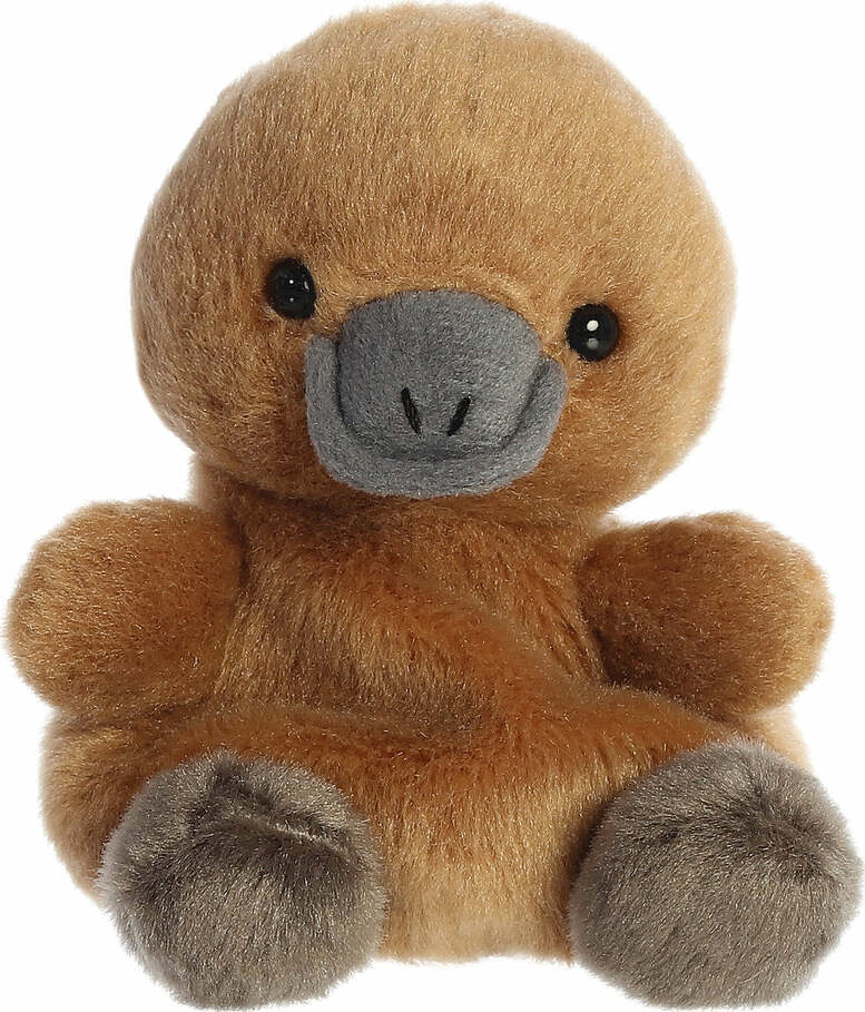 Plush toy platypus with a gray muzzle on a white background