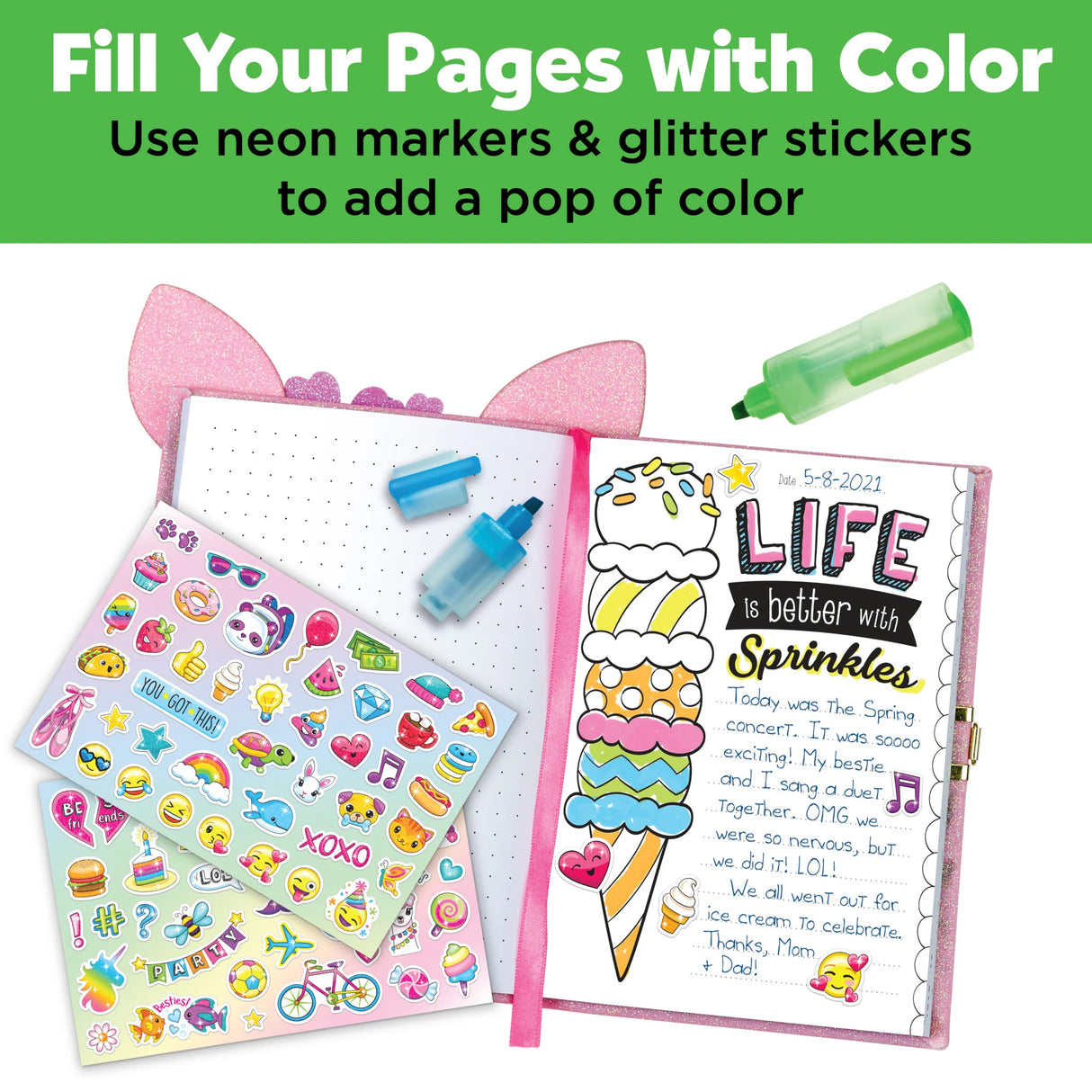 Deer Diary set with a notebook, stickers, and markers on a green background.