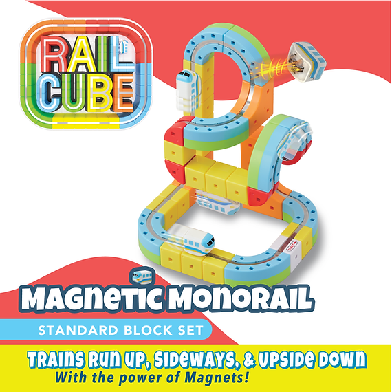 ColorfulMagnetic Monorail Starter Set toy set with 'Rail Cube' branding on a red and white background.