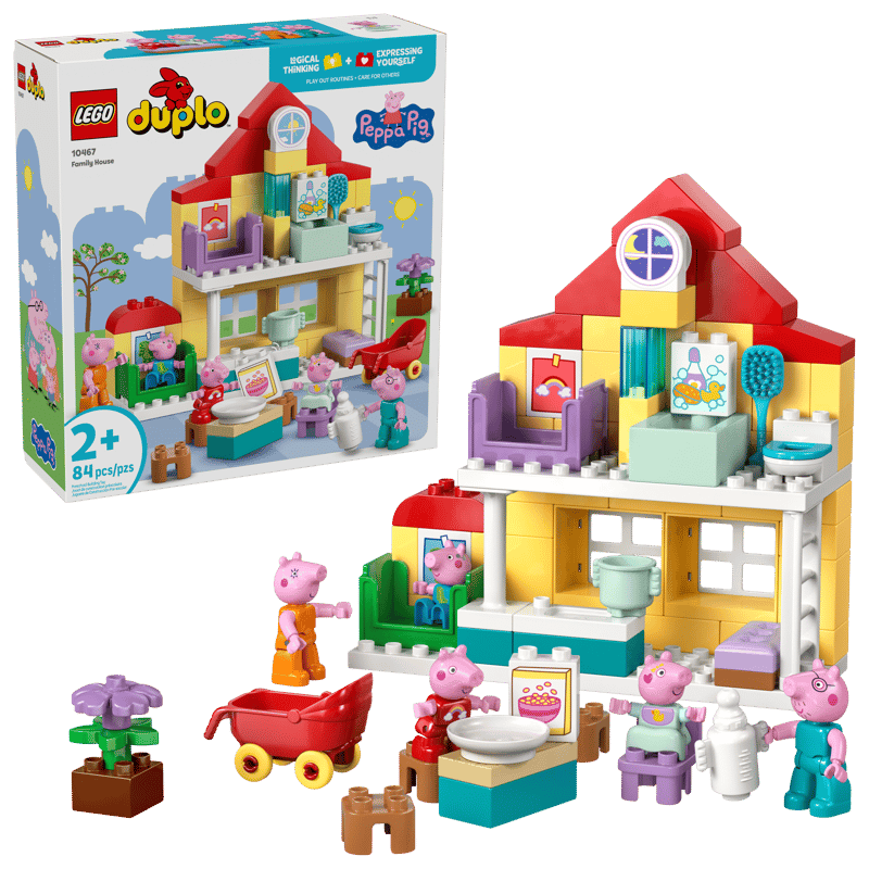 LEGO Duplo set with Peppa Pig Family House and characters with house model on a green background