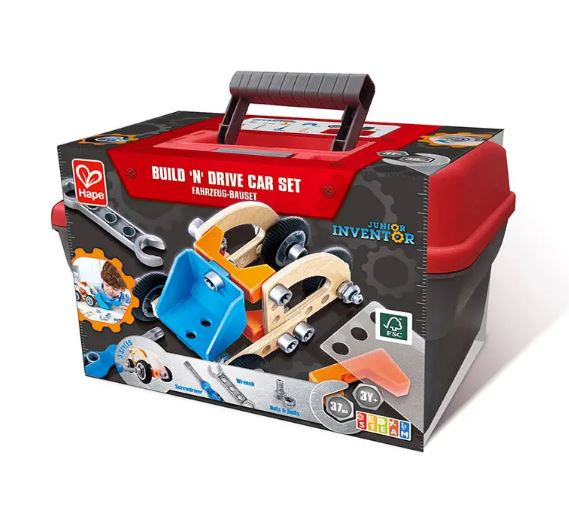 Build N Drive Car Set packaging with tools and a toolbox on a white background