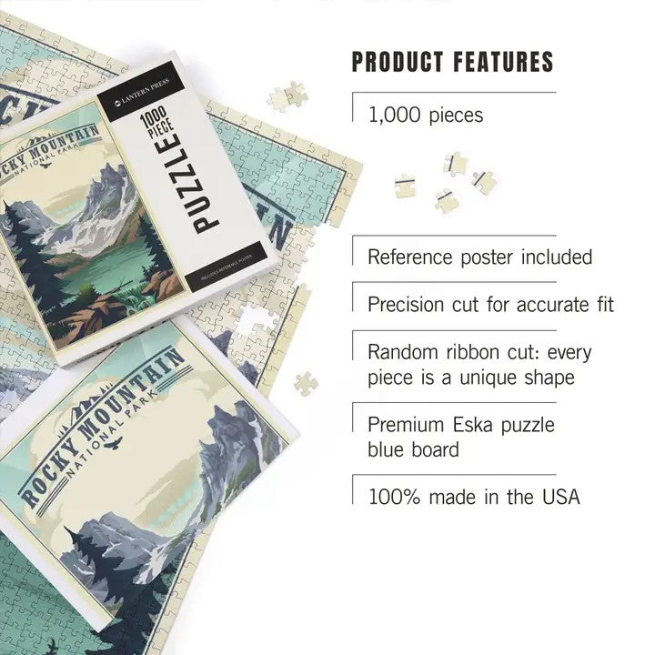 Rocky Mountain National Park, Colorado, Lake, Lithograph 1000 Piece Puzzle