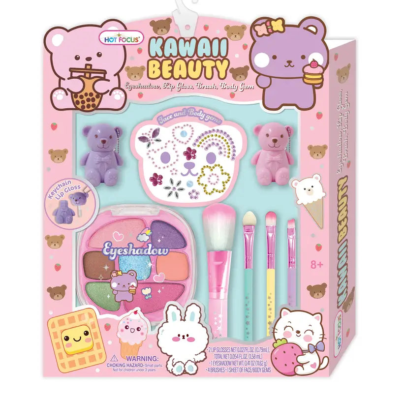 Kawaii Beauty Eyeshadow Dip Pen Set in its original packaging, featuring a pink box with cute cartoon bear illustrations, a small eyeshadow palette, two purple teddy bears, and three makeup brushes.