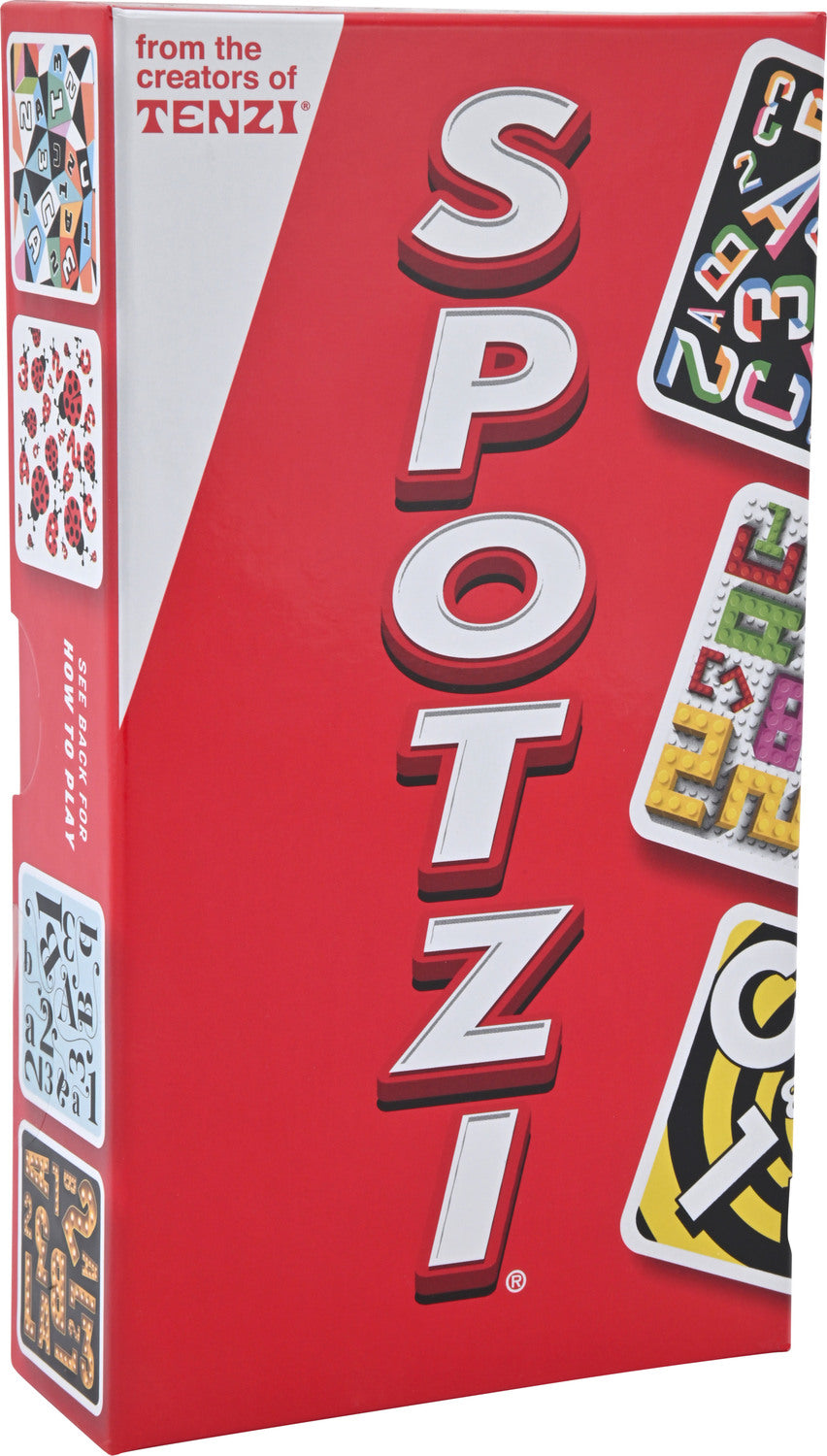 Red box of Spotzi game with colorful cards on a white background