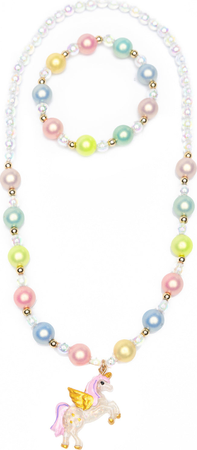 Happy-Go-Unicorn Necklace Bracelet Set with pastel-colored beads and a unicorn charm on a white background
