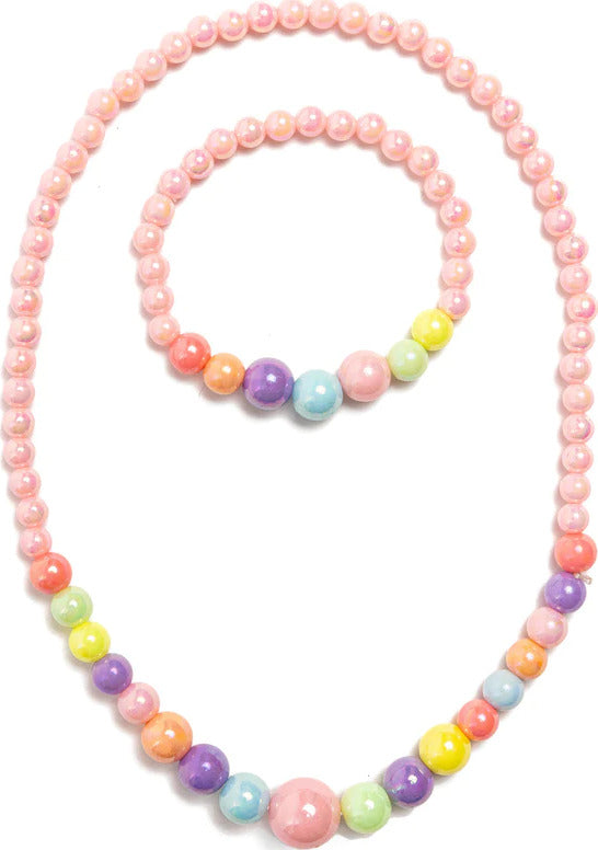 Pearly Pastel Necklace and Bracelet Set with pastel colored beaded necklace and bracelet set on a white background