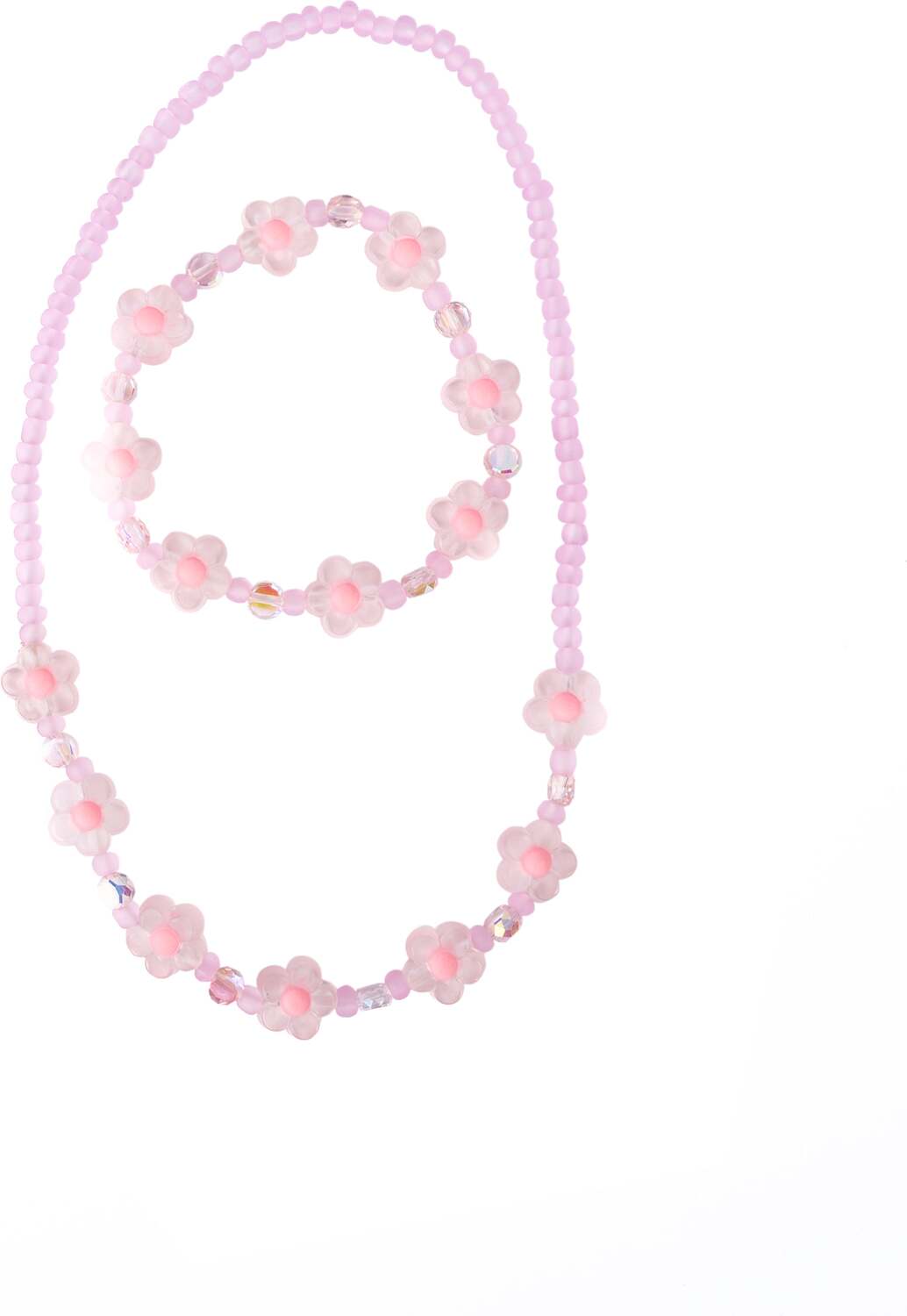 Pink Crystal Blooms Necklace & Bracelet Set with pink floral beads on a white background