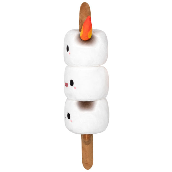 Soft plush toy designed as three cute marshmallows stacked on a stick with a small flame on top, resembling Mini Comfort Food Marshmallows.