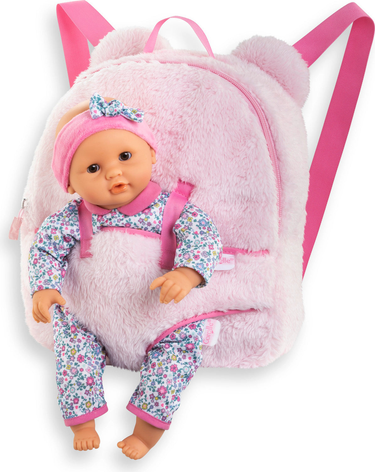 Doll with floral outfit inside a BB 12" Plush Backpack Baby Doll Carrier