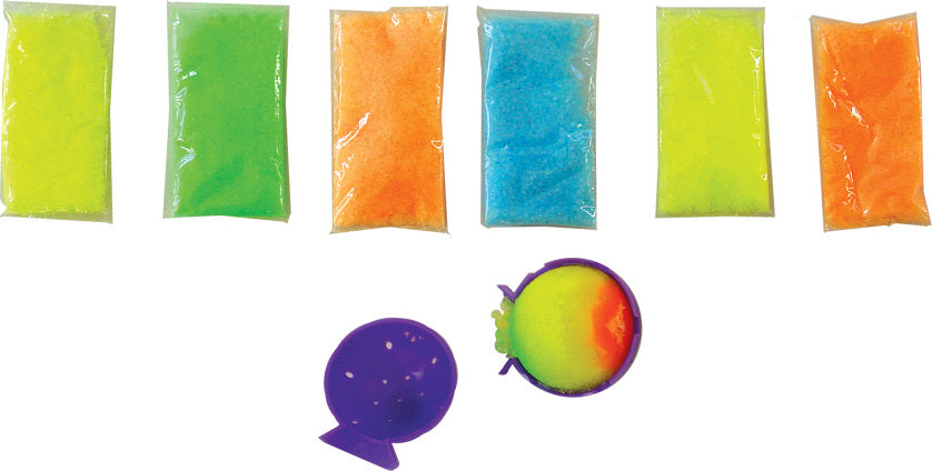 Assorted colorful packets of ingredients for creating Diy Bouncing Balls on a white background
