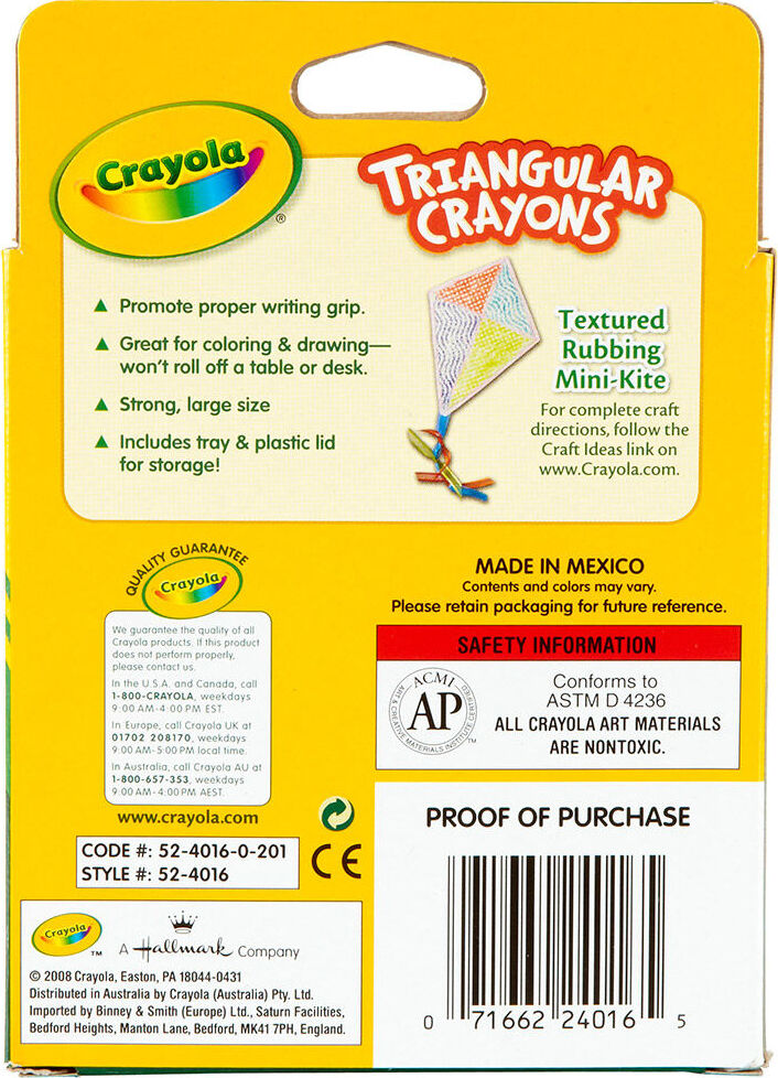 Crayola triangular crayons packaging with text and graphics on a yellow background