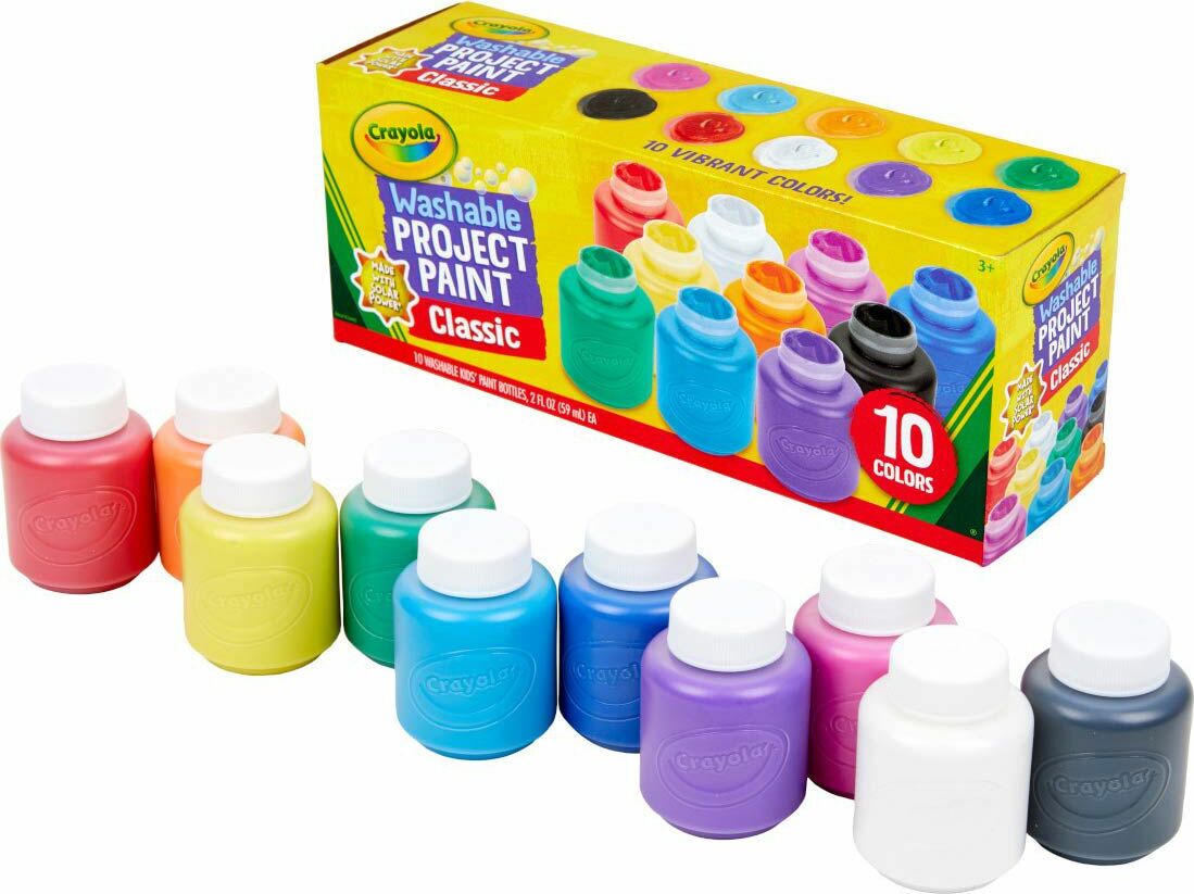 Washable Kids Paint - 10 Count set with bottles and packaging on a white background