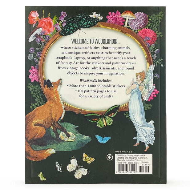 Back cover of Sticker Emporium: Woodlandia book with illustrations of fairies, foxes, and flowers on a black background.