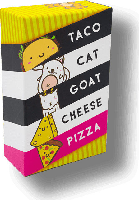 Box of 'Taco Cat Goat Cheese Pizza' with cartoon illustrations on a white background