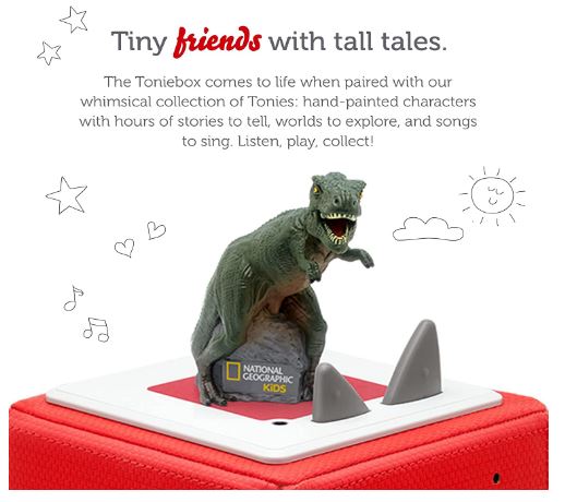 Dinosaur figurine on a red and white base with text about Toniebox and Tonies.
