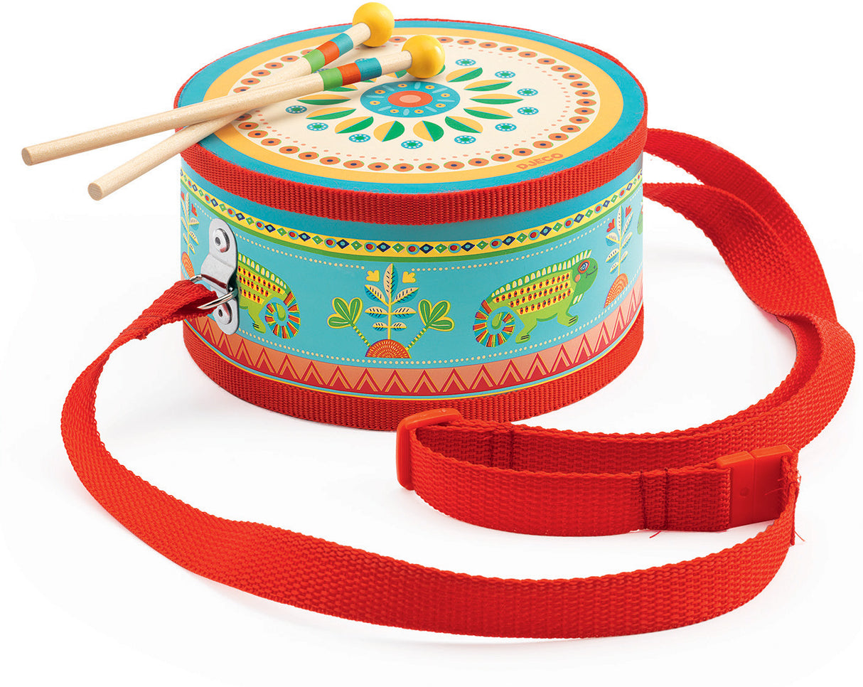 Colorful children's Animambo Hand Drum with animal designs and red strap on a white background