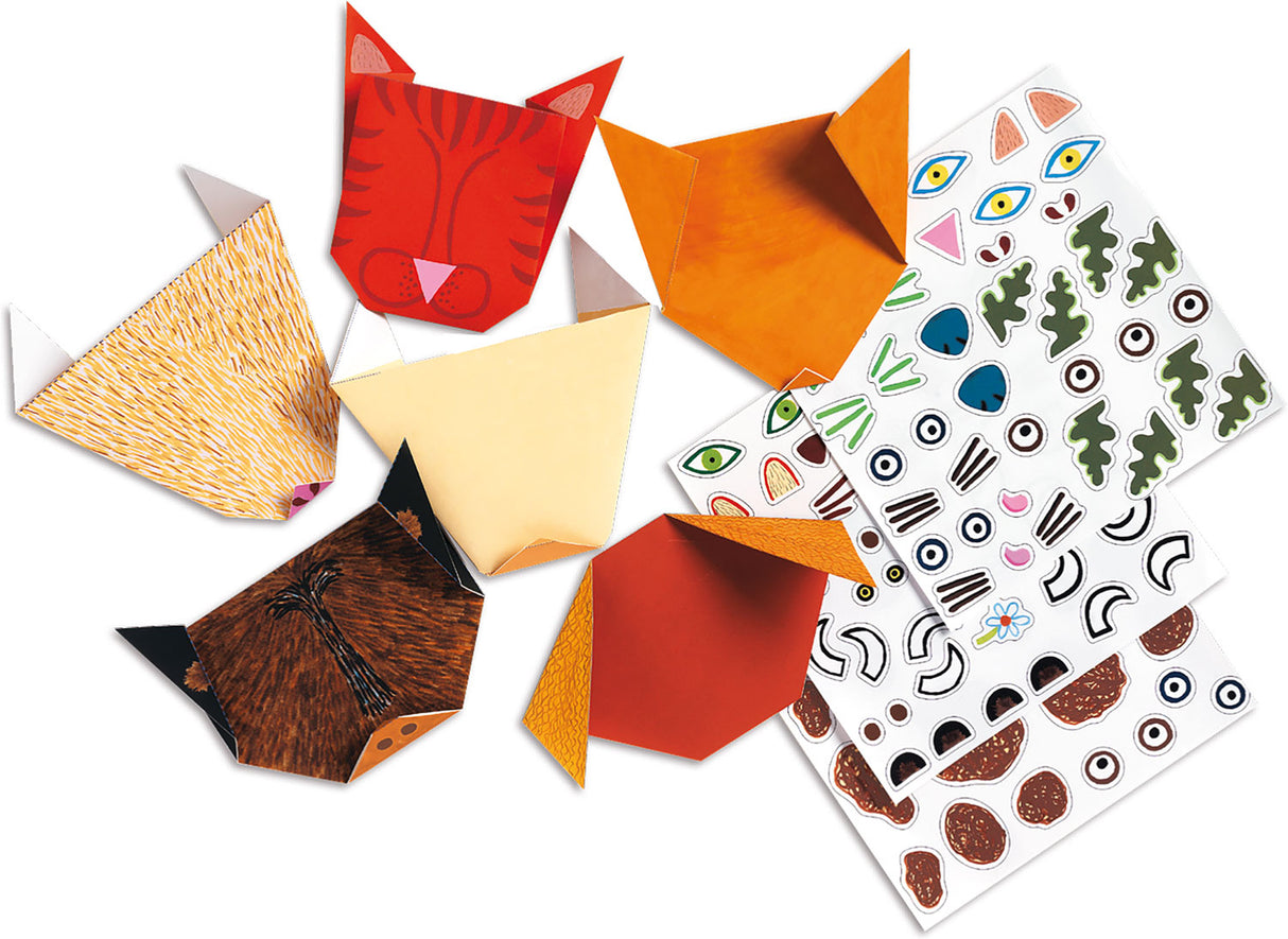 Colorful Petit Gifts - Origami Animals and decorative stickers on a white background