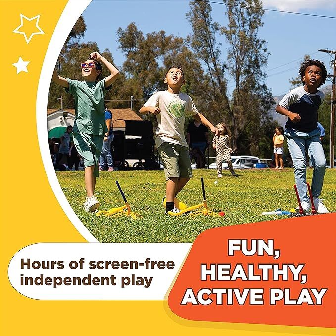 Children playing outdoors with Stomp Rocket® Jr. Rockets with 8 rockets and text about screen-free play