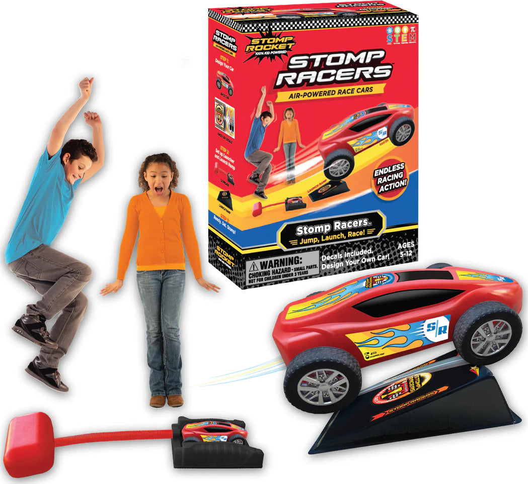 Stomp Racers toy set with box, cars, and launch ramp on a white background