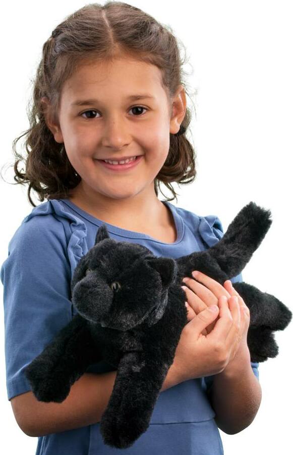 Girl holding a plush Tug Black Cat on a white background