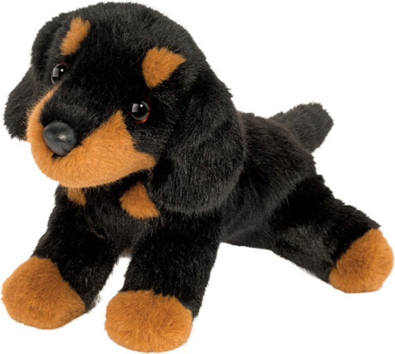 Plush toy Dottie Dachshund Mini Soft dog with black and brown fur on a white background