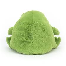 Plush green frog toy with round body and small limbs, designed as a soft and cuddly companion named Ricky Rain Frog.