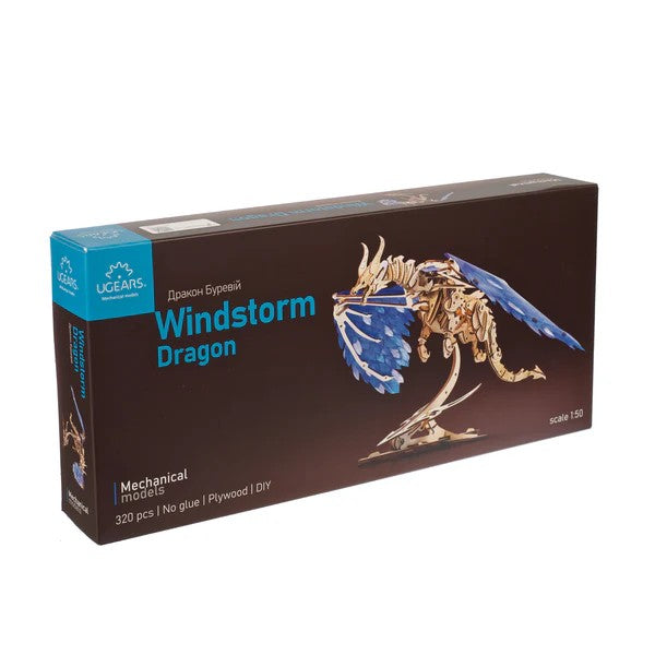 Box for a mechanical model of a 'Windstorm Dragon' by Ugears on a white background