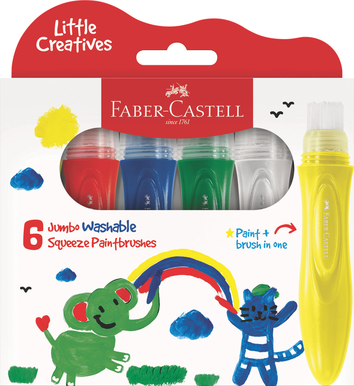 Faber-Castell Little Creatives paintbrush set packaging with colorful design and paintbrush illustration.
