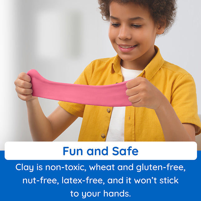 Child holding pink clay with text about its safety features on a white background