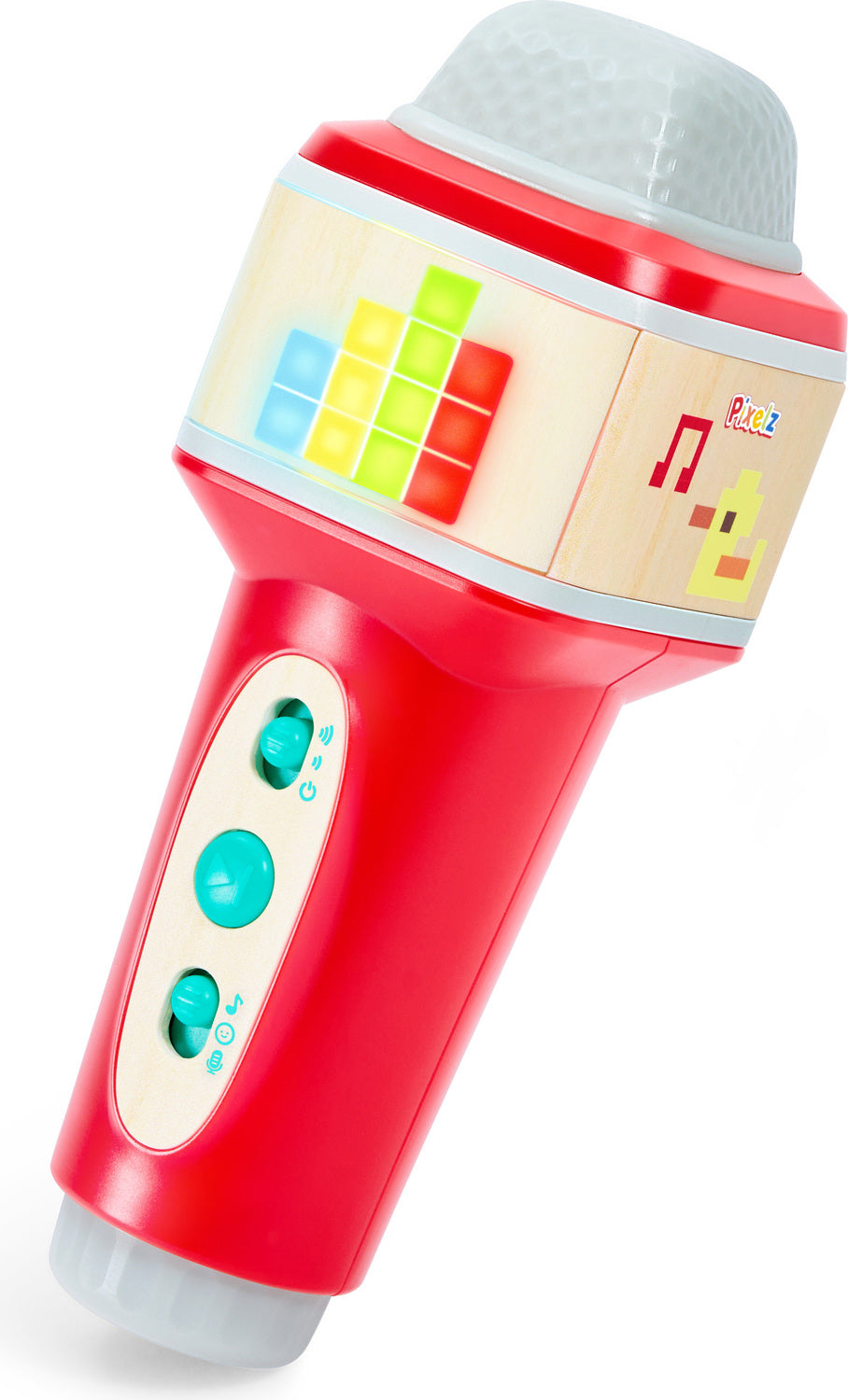 A red children's toy Popstar Microphone (Pixelz) with a colorful LED-style equalizer display, and three turquoise buttons on the handle, shown on a white background.