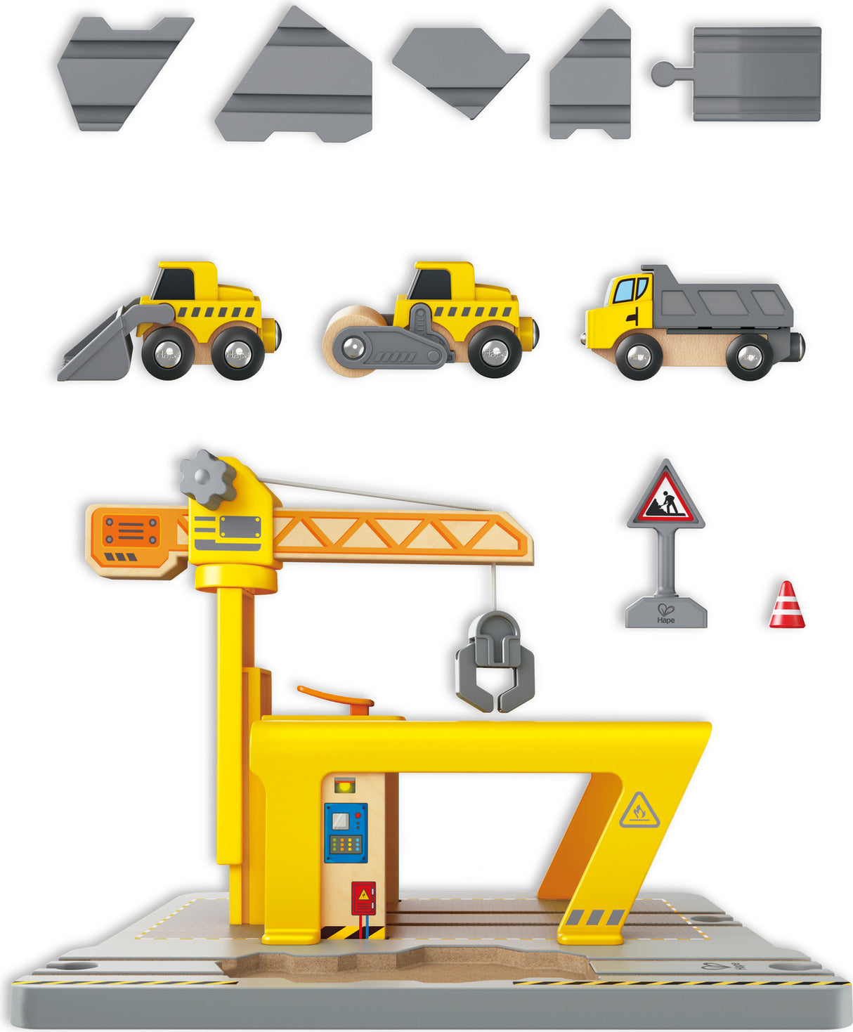 Toy Railway Crane Construction set with crane, trucks, and traffic signs on a white background