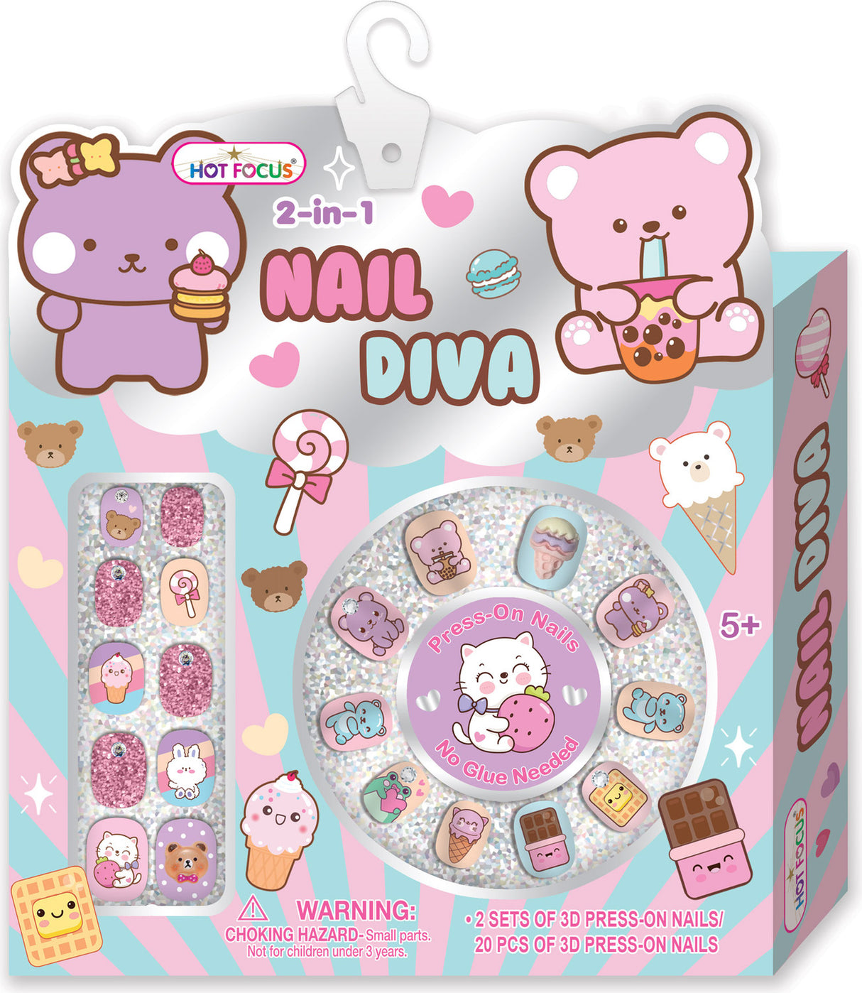 Hot Focus 2-in-1 Nail Diva packaging with cartoon bear characters and nail art supplies.
