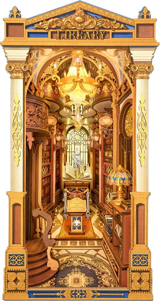 Decorative Library of Wonders DIY Book Nook with intricate details and a chandelier.