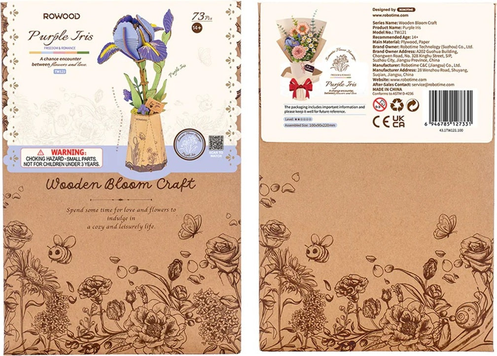 Purple Iris DIY Wooden Flower 3D Puzzle packaging with floral design and branding details.