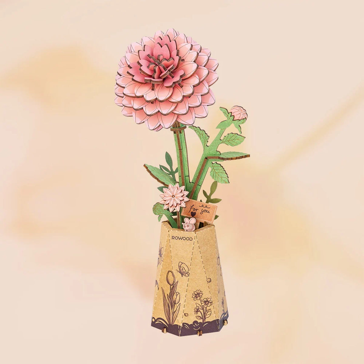 Decorative Pink Dahlia DIY Wooden Flower 3D Puzzle in a vase on a soft gradient background