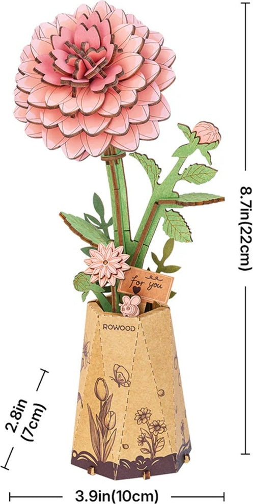 Pink Dahlia DIY Wooden Flower 3D Puzzle in a vase with measurements indicated
