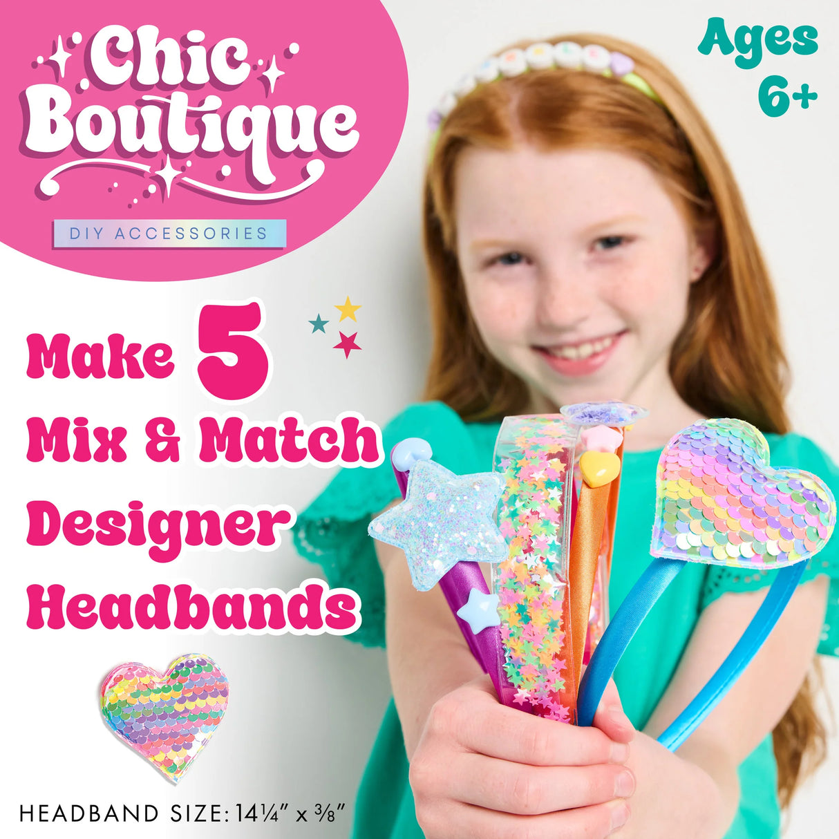 Girl holding colorful headbands with 'Chic Boutique' branding and text about making designer headbands.