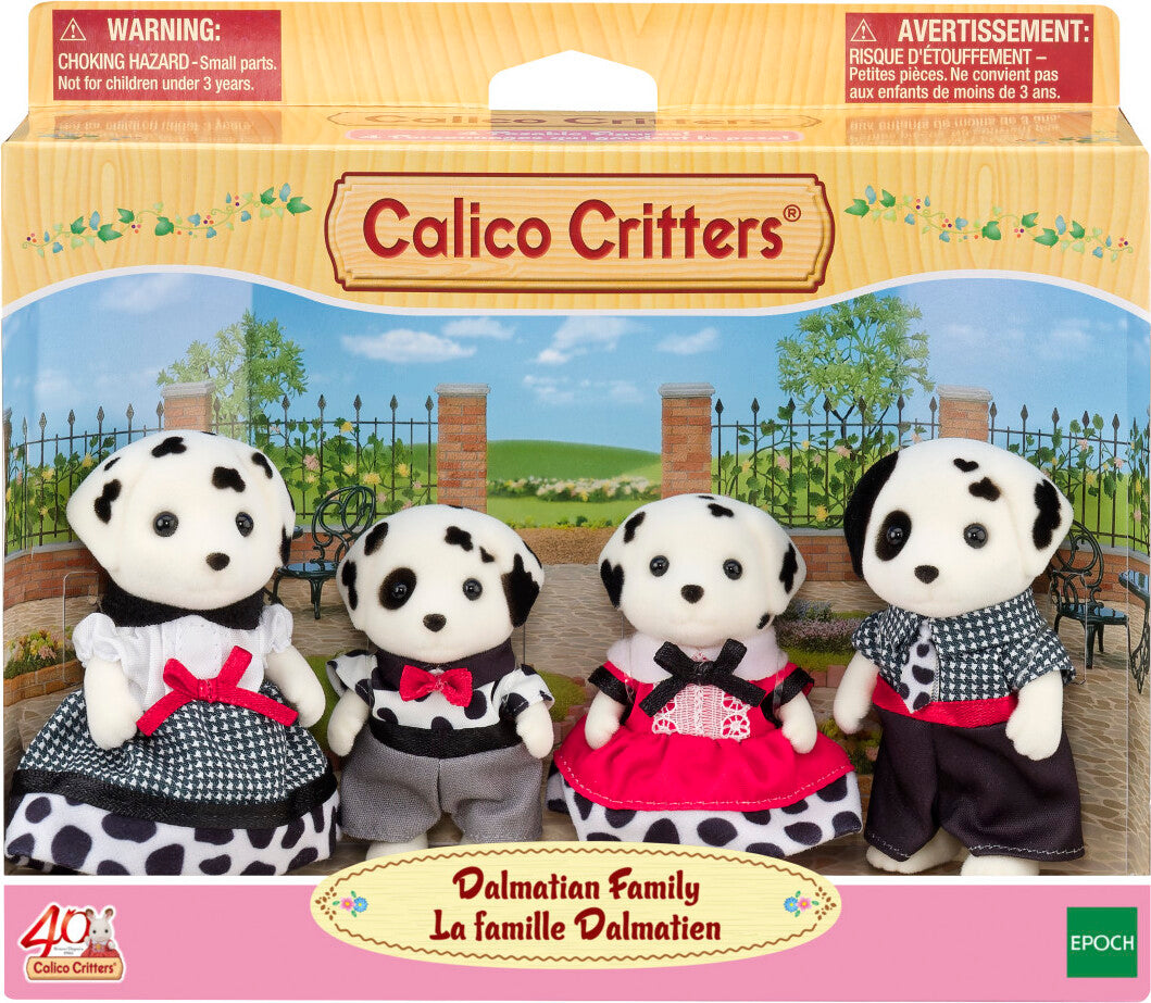 Calico Critters Dalmatian family toy set packaging with four toy dogs in front of a park scene.