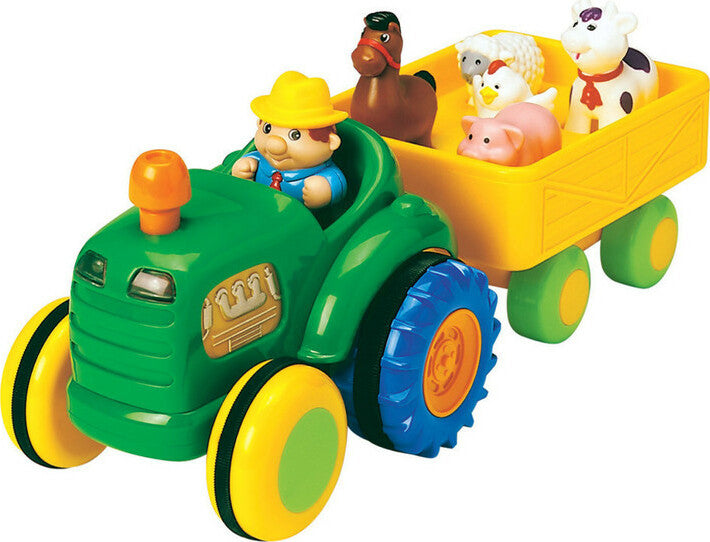 Fun Time Tractor with a farmer figure and animals in a trailer on a white background